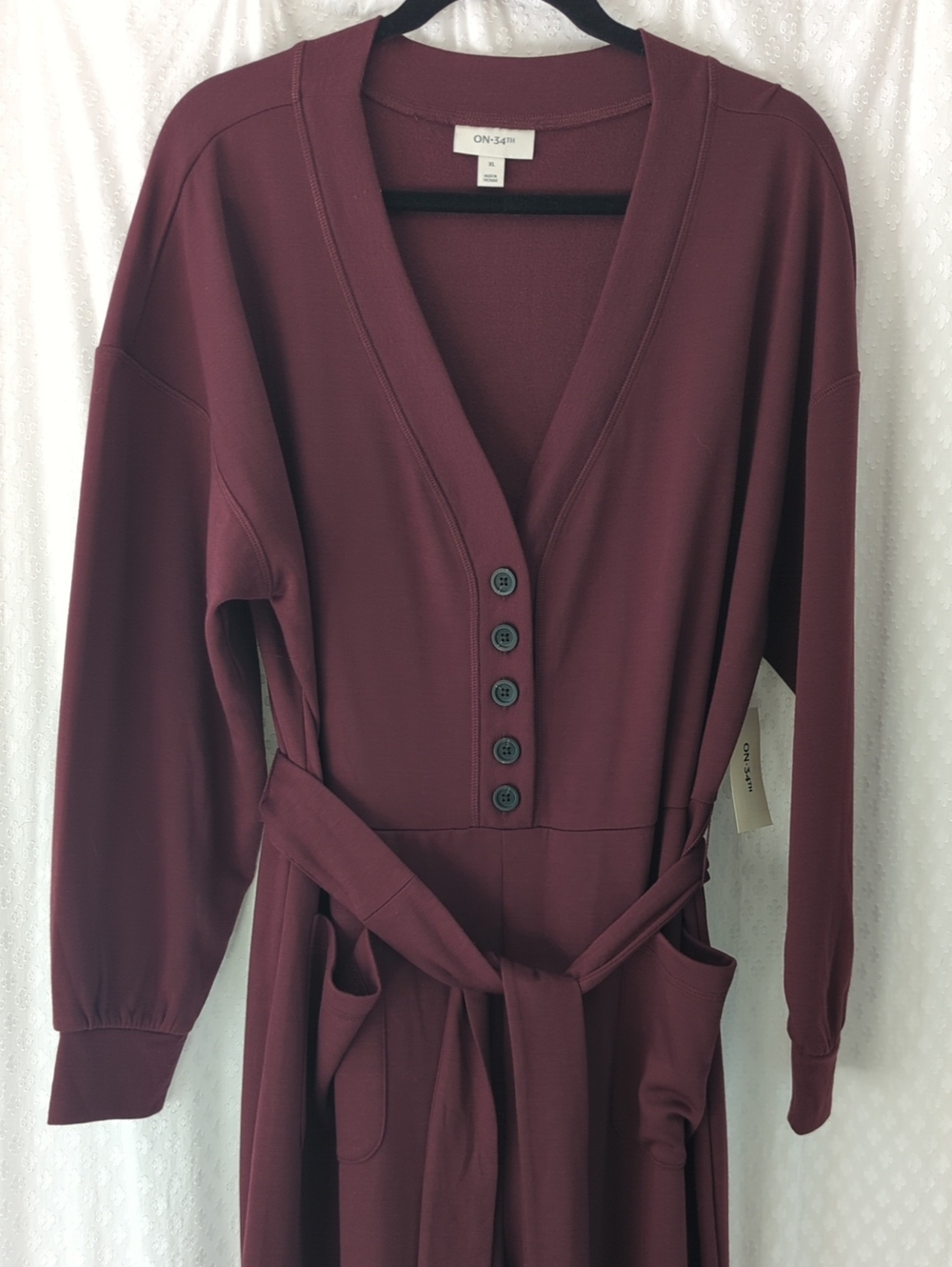 On 34th Burgundy V-Neck Long Sleeve Button Down Wide Leg Jumpsuit Women's XL NWT